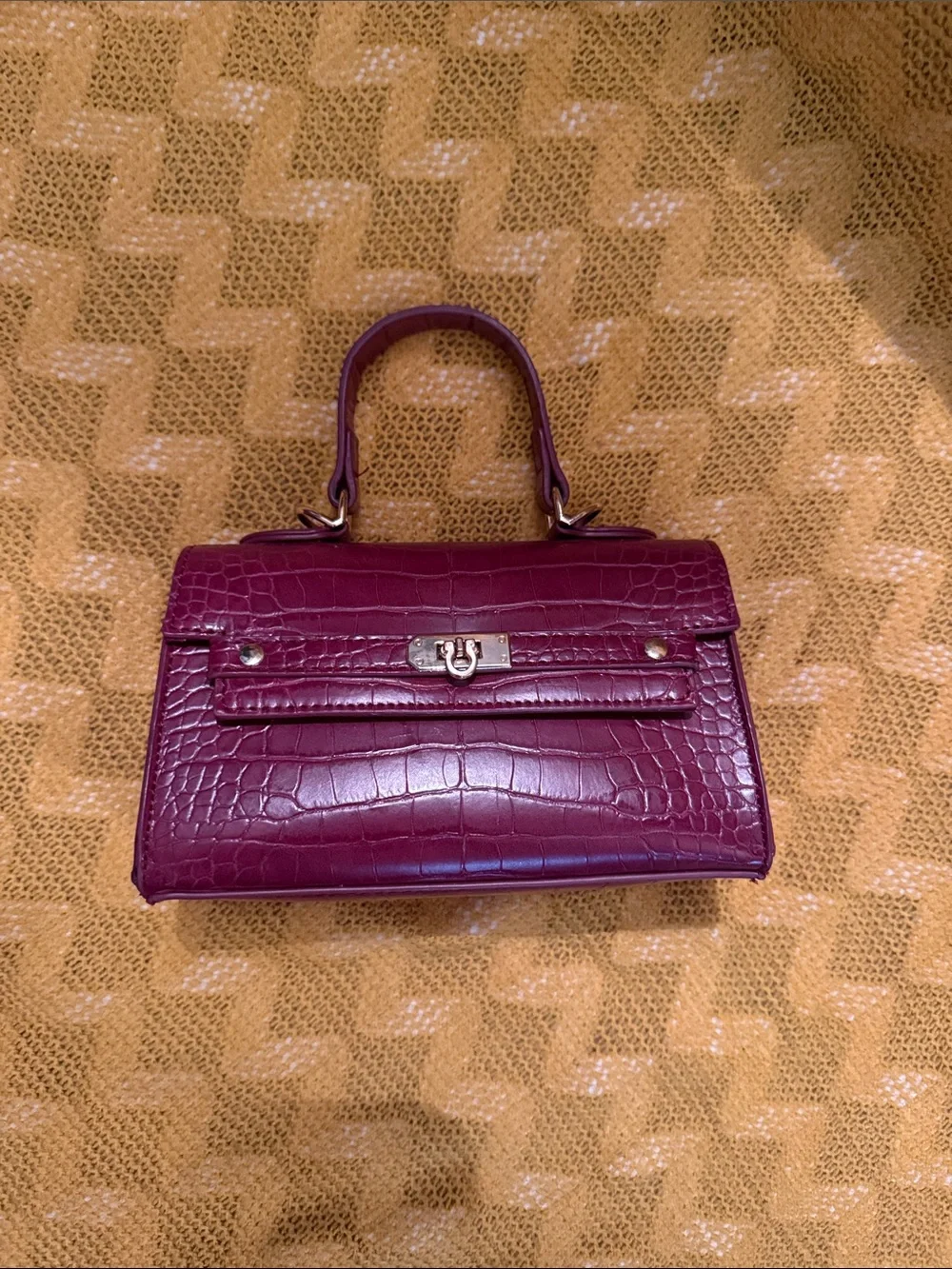 Croc-Embossed Top Handle Satchel in Deep Plum